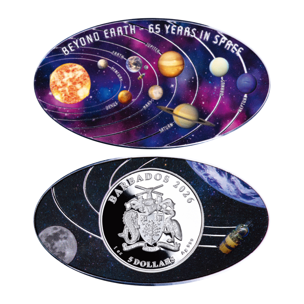 바베이도스 2026 ‘유리 가가린 세계 최초 우주비행 65주년’ 태양계 색채 은화
